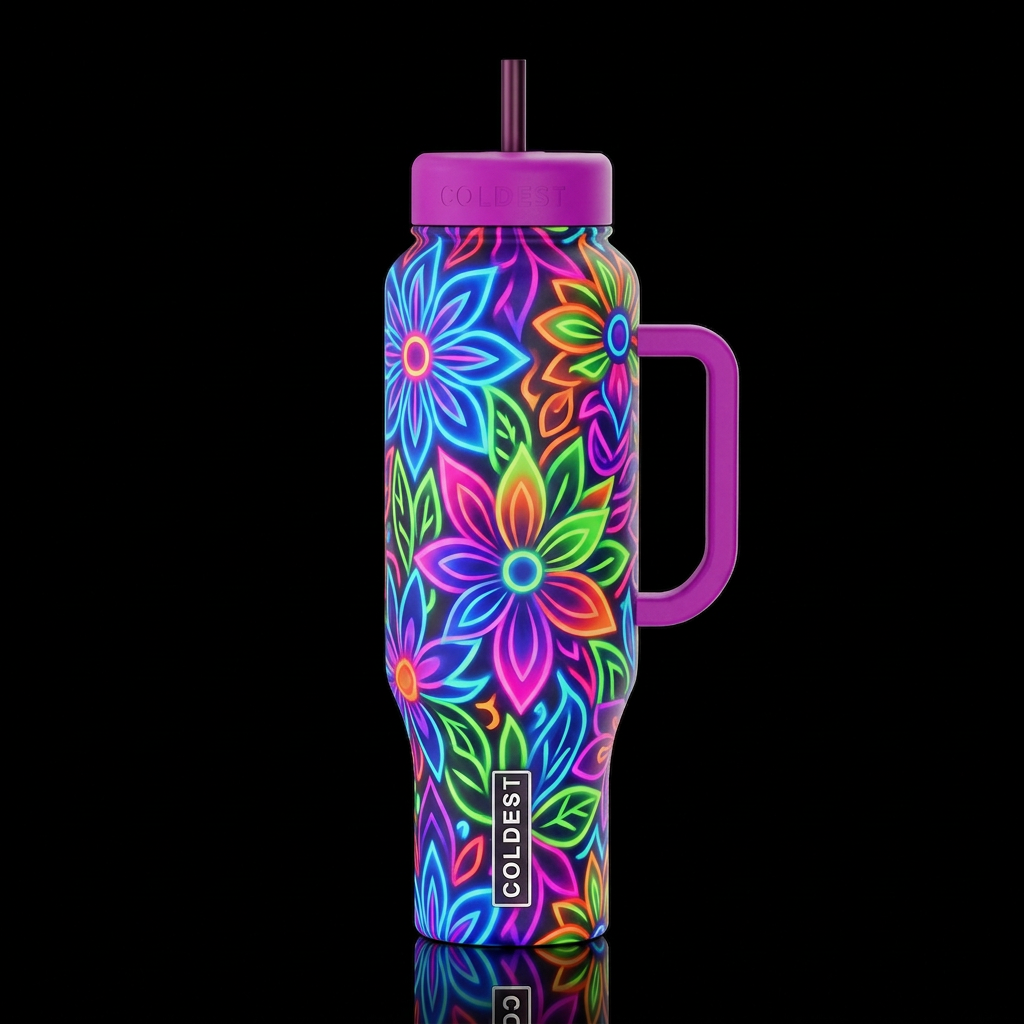 neon glowie, whimsical, maximalist bold Geometric ... water bottle design