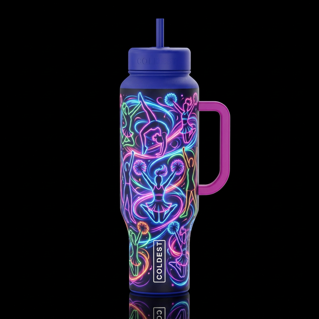 silhouette, cheerleading swirls neon glowie digita... water bottle design