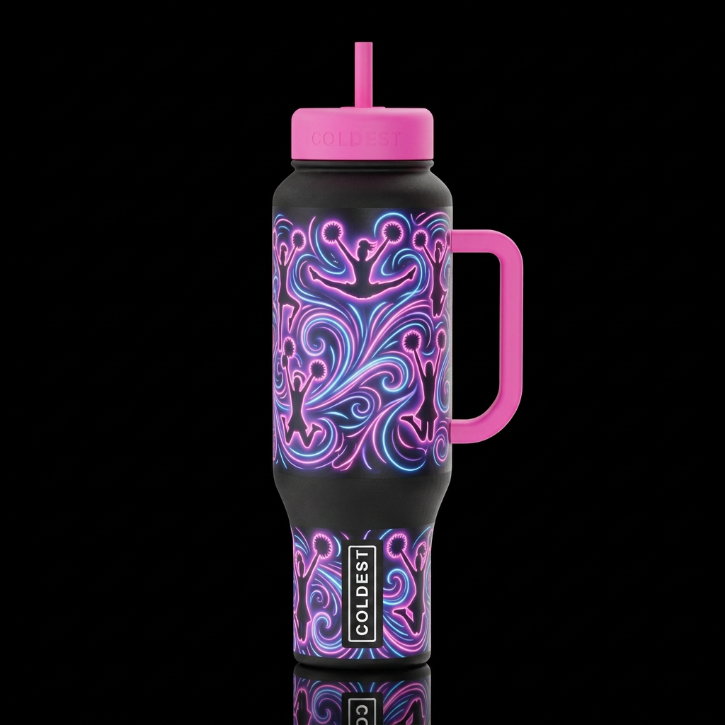 silhouette, cheerleading swirls neon glowie digita... water bottle design