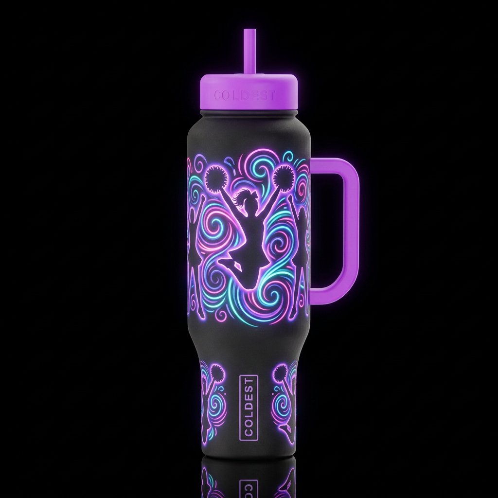 silhouette, cheerleading swirls neon glowie digita... water bottle design