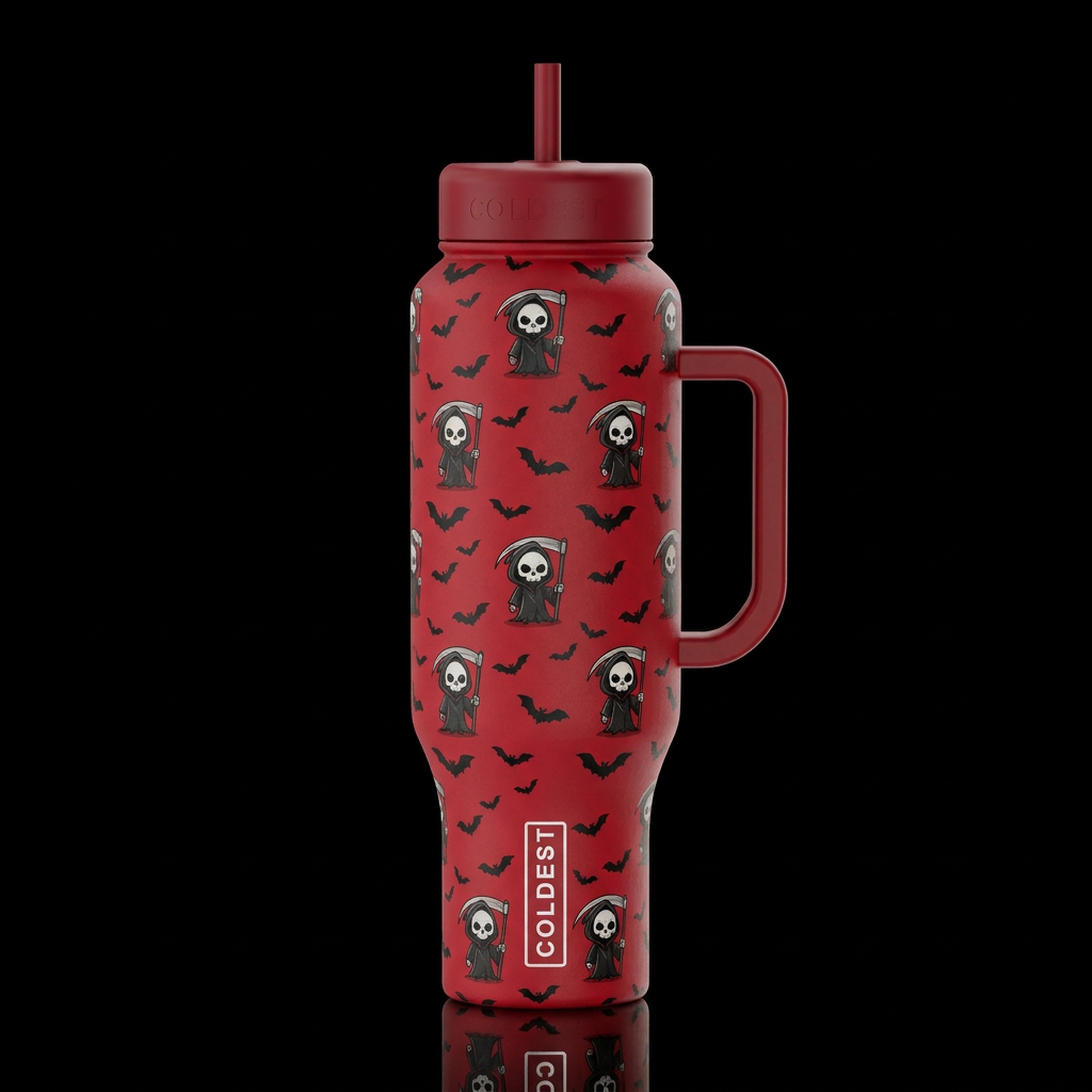 little reapers black bats floating on a crimson bl... water bottle design