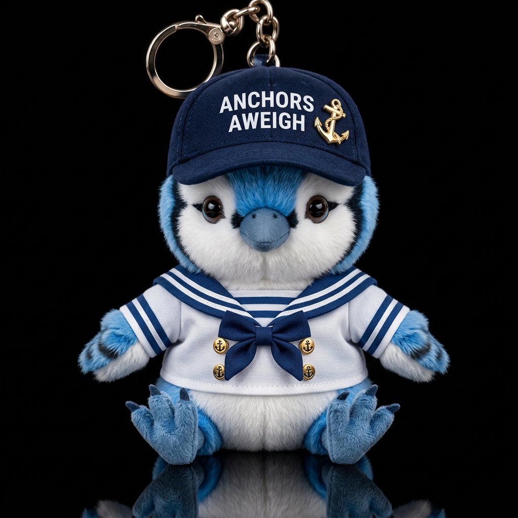 blue jay bird with a  sailor costume and hat water bottle design