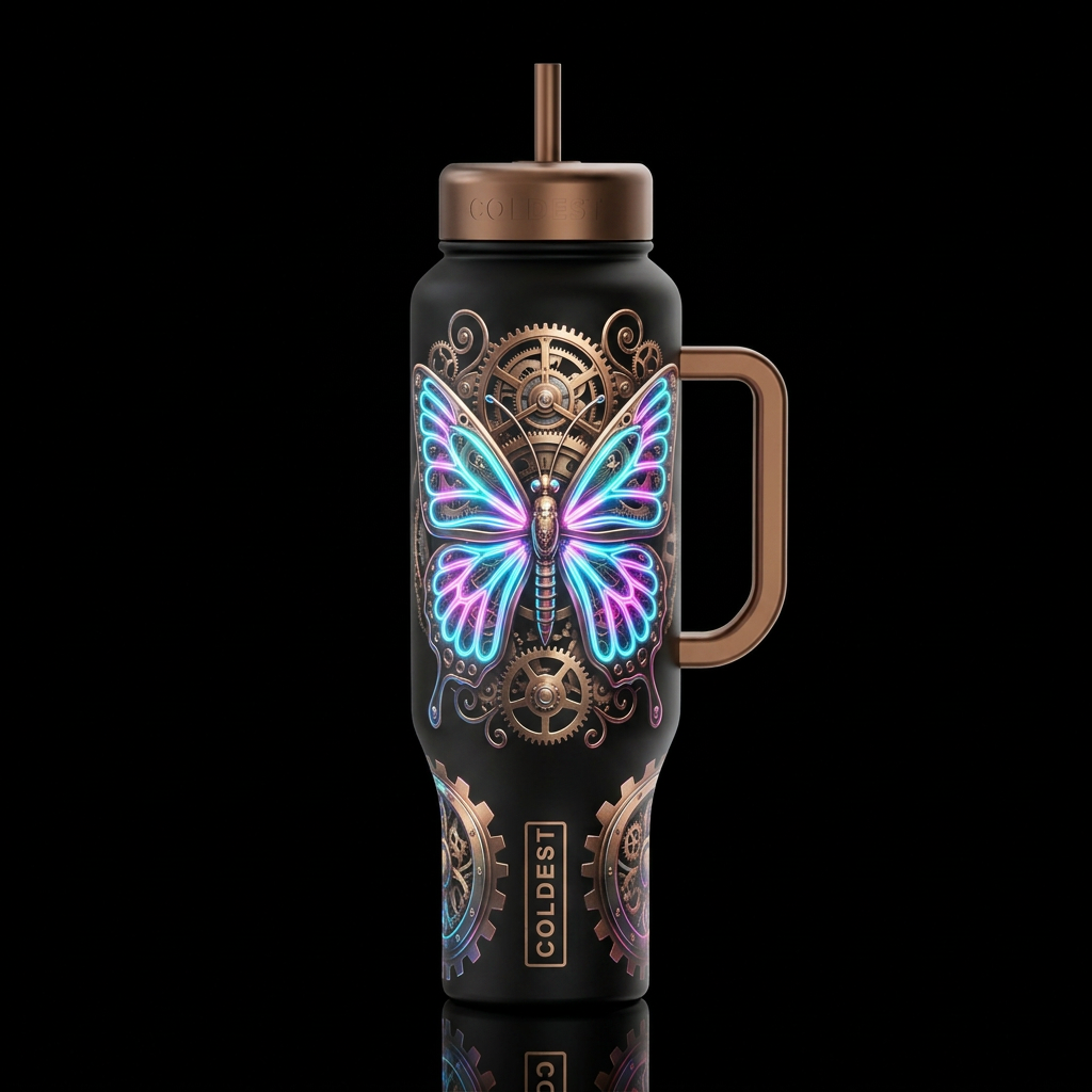 steam punk mechanical butterfly visible gears and ... water bottle design