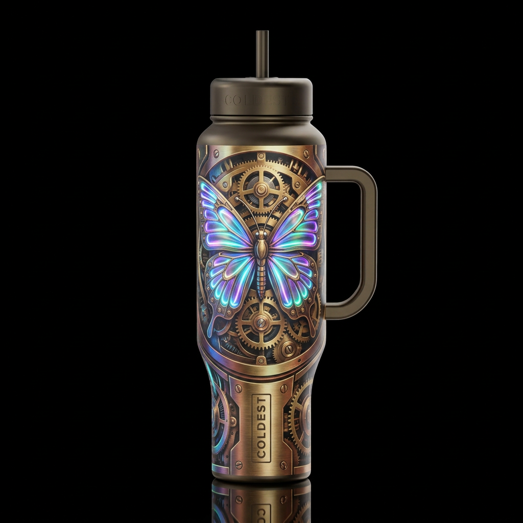 steam punk mechanical butterfly visible gears and ... water bottle design