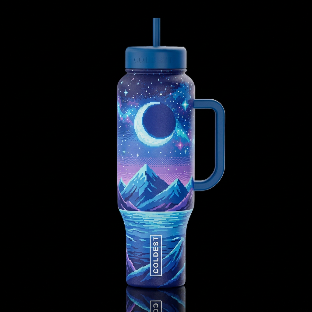 chillwave pixel art night landscape with moon, blu... water bottle design