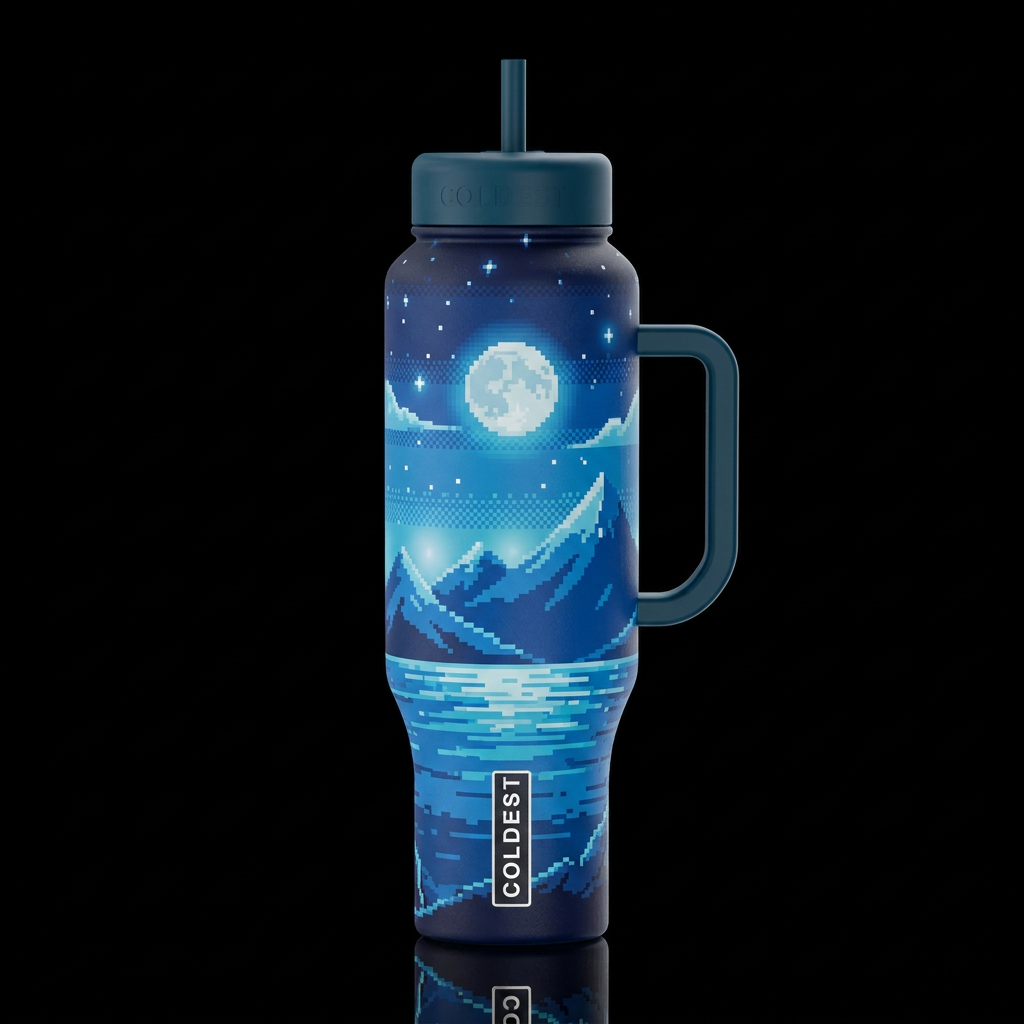 chillwave pixel art night landscape with moon, blu... water bottle design
