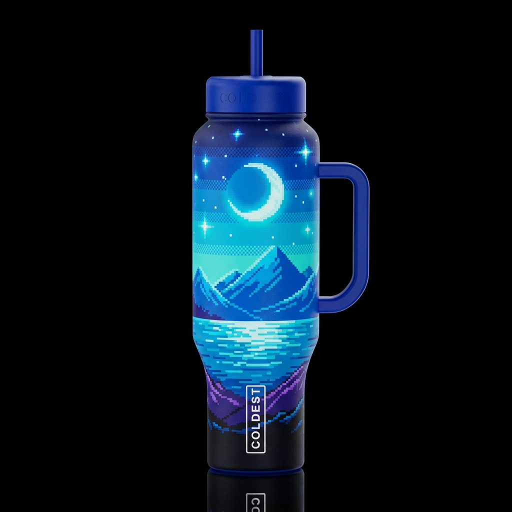 chillwave pixel art night landscape with moon, blu... water bottle design
