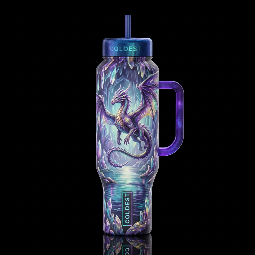 crystalline, irridescent, dragon above calm body o... water bottle design