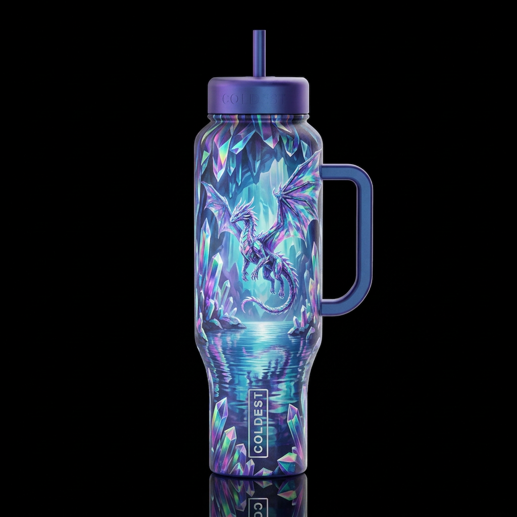 crystalline, irridescent, dragon above calm body o... water bottle design