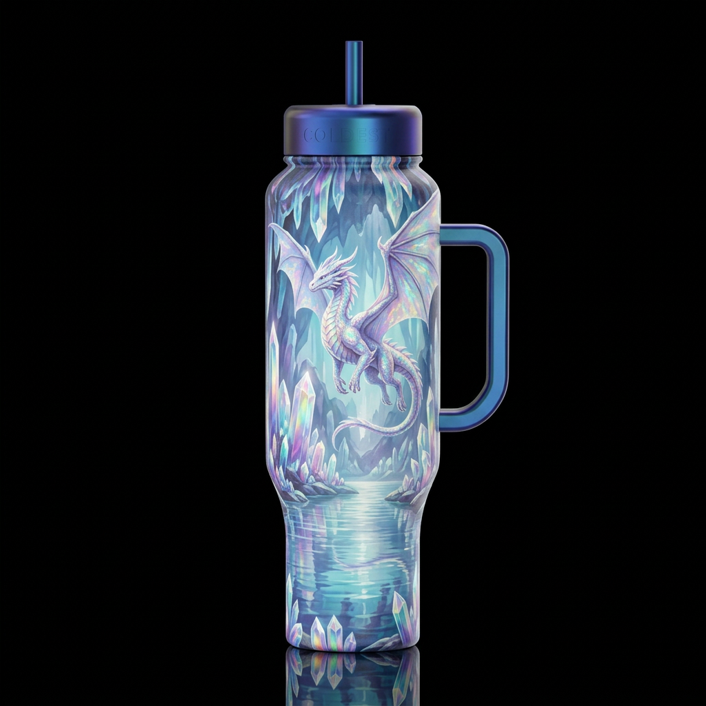 crystalline, irridescent, dragon above calm body o... water bottle design