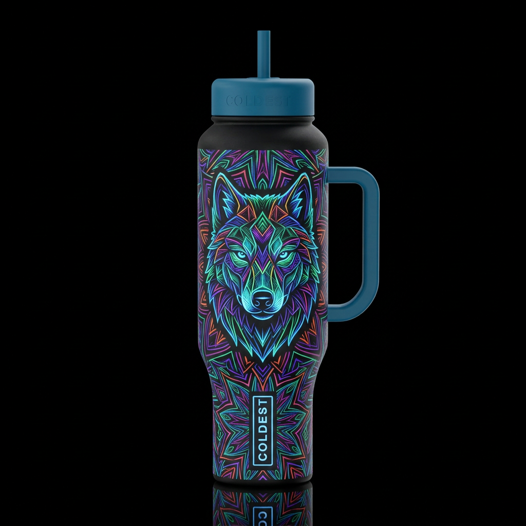 wolf, kaleidoscope, glowie line art water bottle design