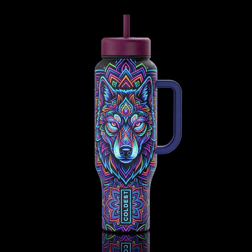 wolf, kaleidoscope, glowie line art water bottle design
