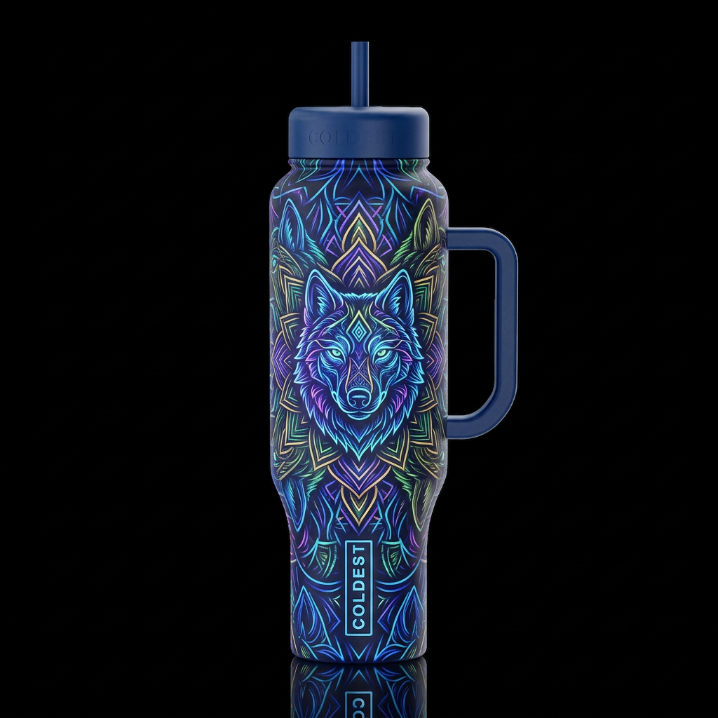 wolf, kaleidoscope, glowie line art water bottle design
