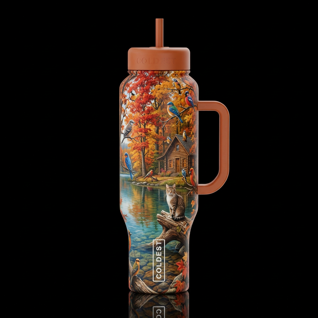 autumn harvest, trees lake, vibrant colorful birds... water bottle design