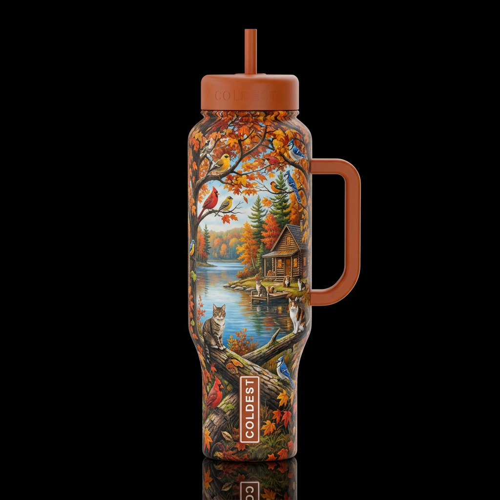 autumn harvest, trees lake, vibrant colorful birds... water bottle design