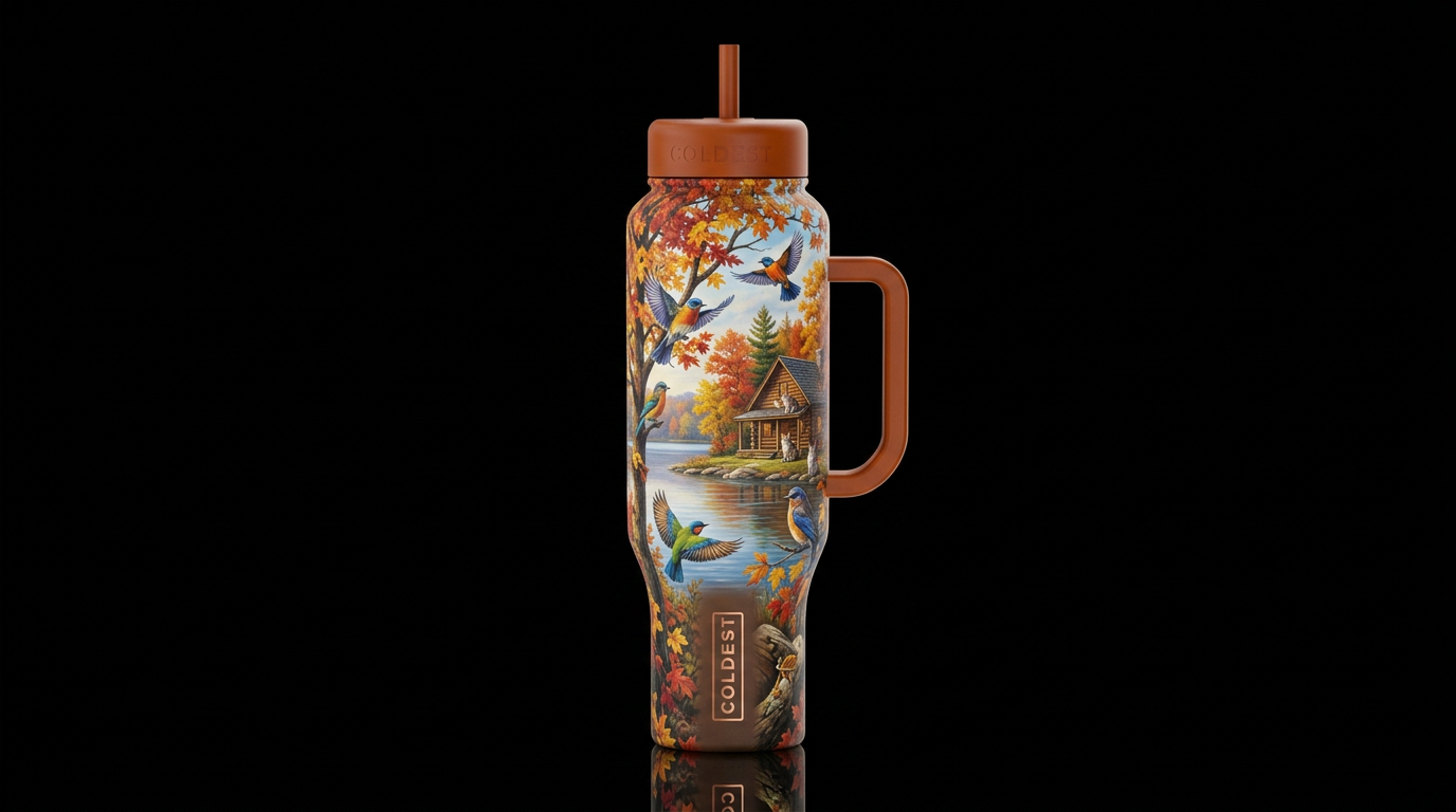 autumn harvest, trees lake, vibrant colorful birds... water bottle design