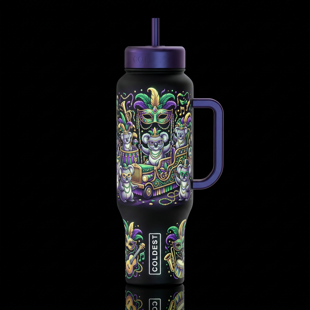 mardi gras, koalas, glowie water bottle design