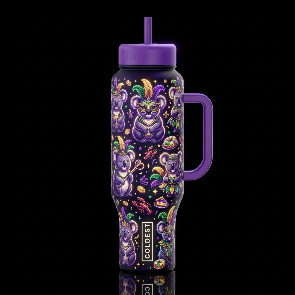 mardi gras, koalas, glowie water bottle design
