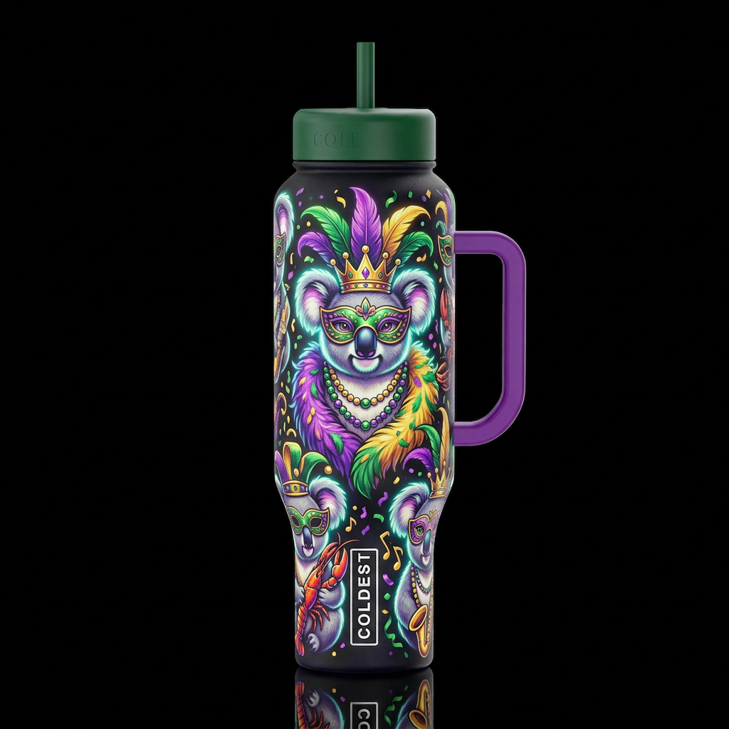 mardi gras, koalas, glowie water bottle design