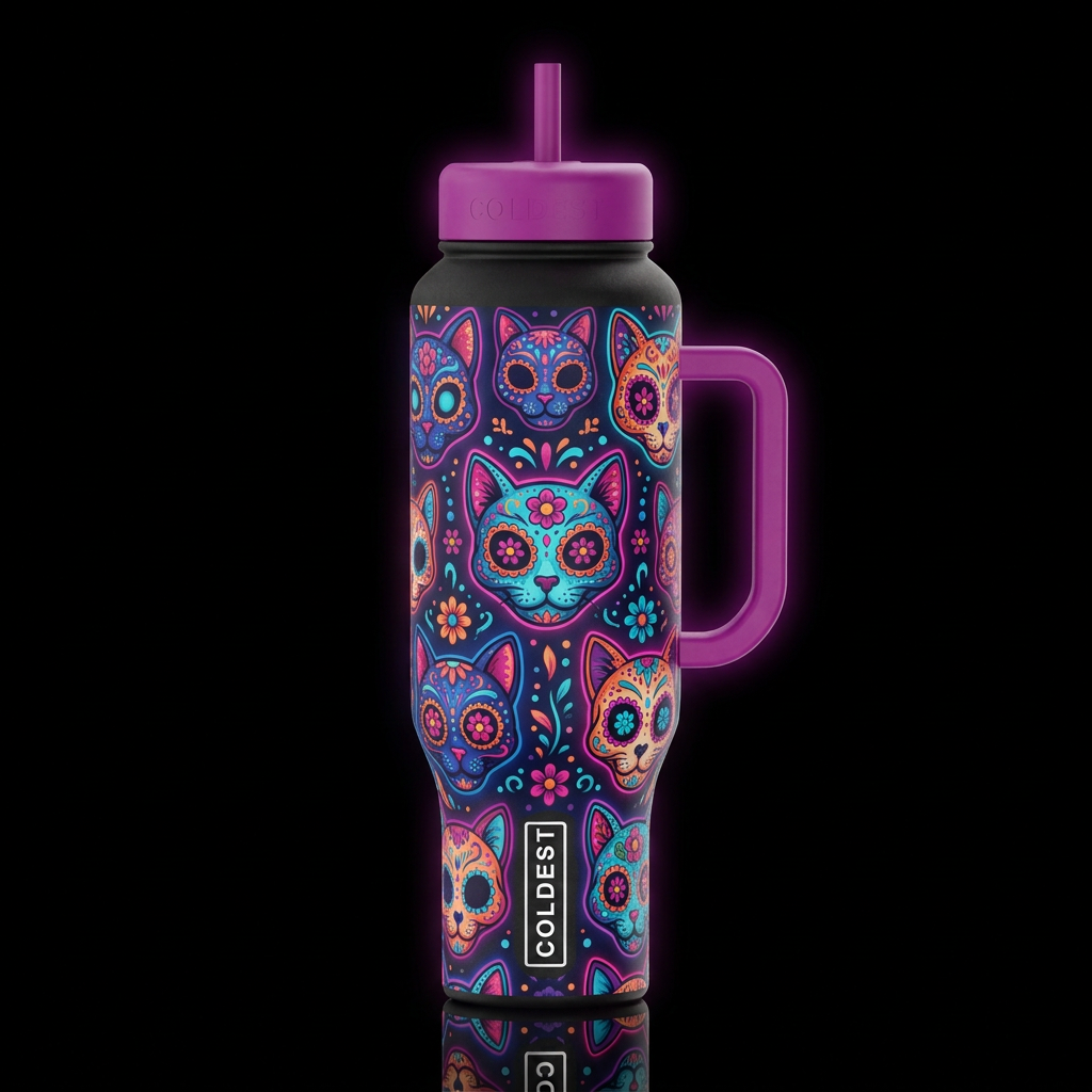 day of the dead cats, glowie water bottle design