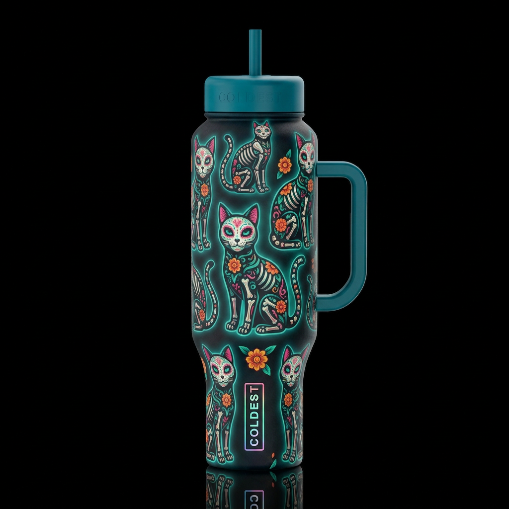 day of the dead cats, glowie water bottle design