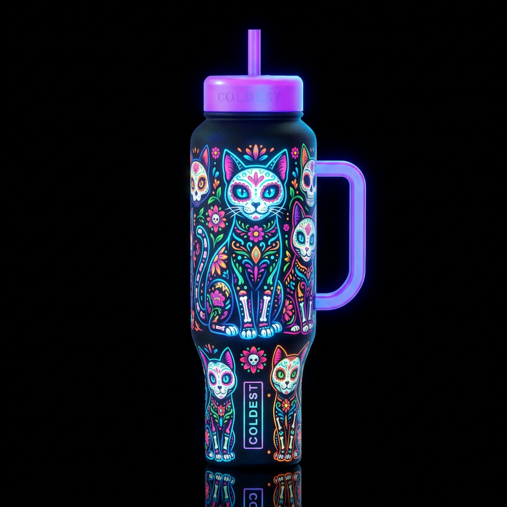 day of the dead cats, glowie water bottle design