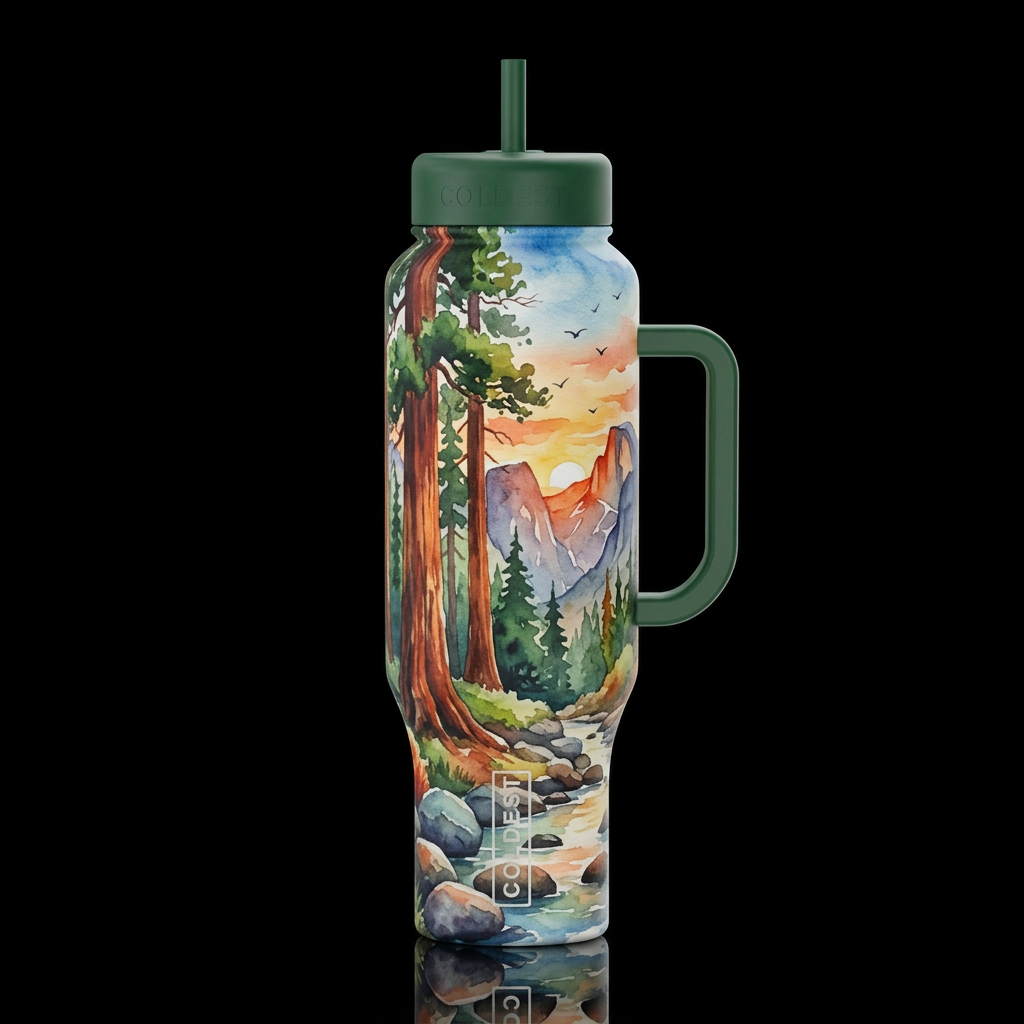 sequoia trees river rocks mountains sunset birds w... water bottle design