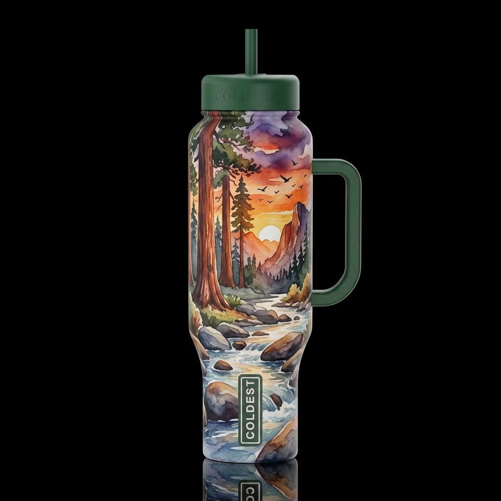 sequoia trees river rocks mountains sunset birds w... water bottle design