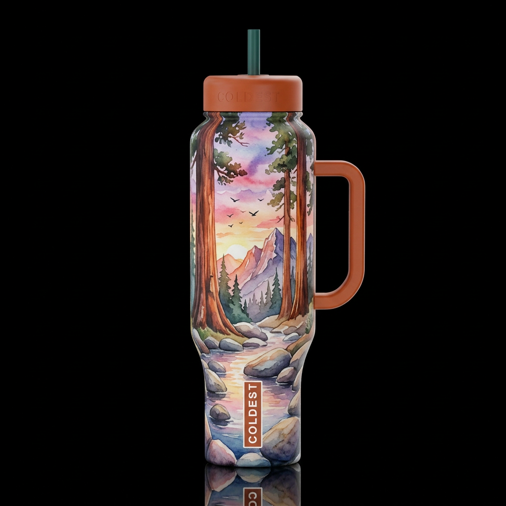 sequoia trees river rocks mountains sunset birds w... water bottle design