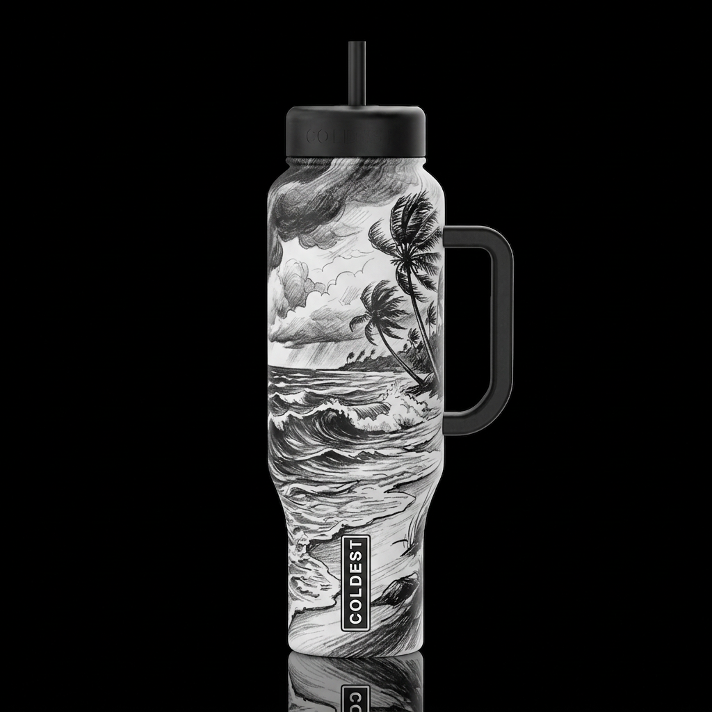 a, sketch of a tropical beach during a storm black... water bottle design