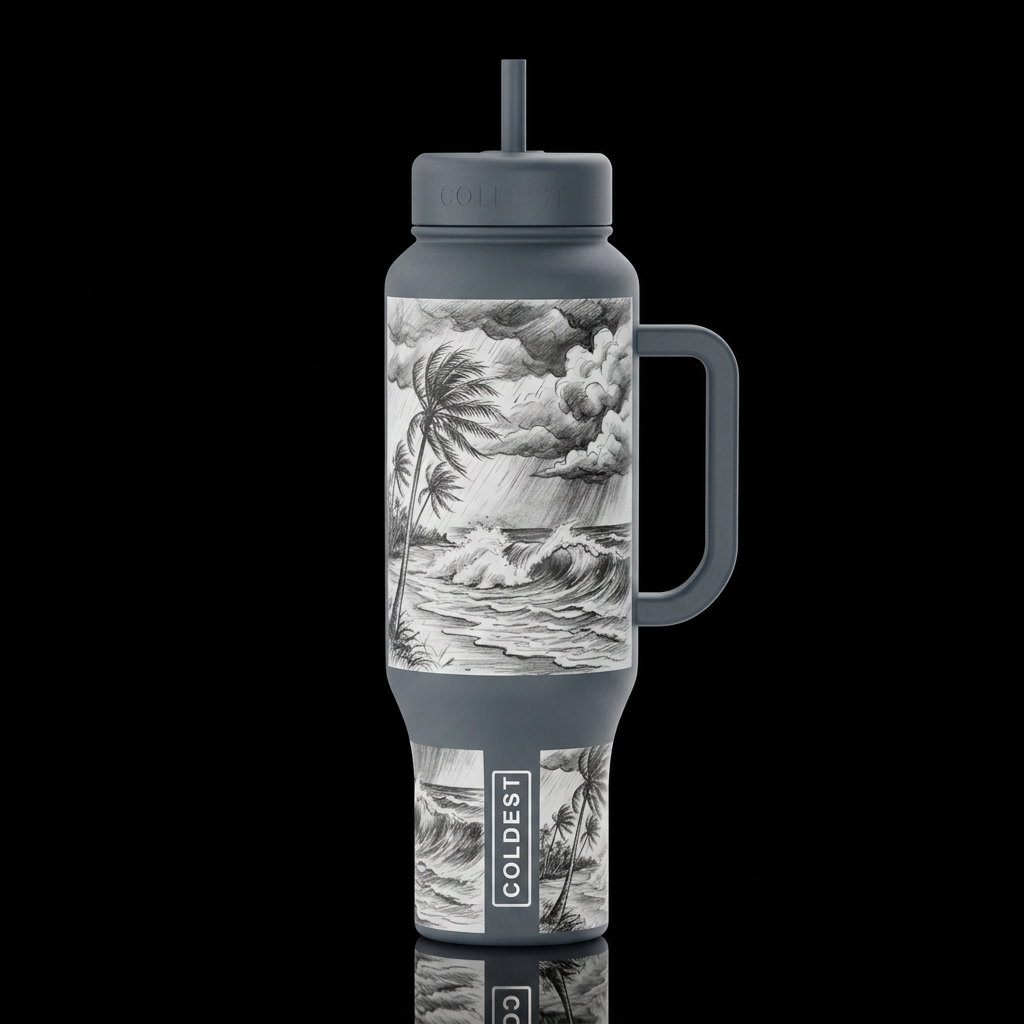 a, sketch of a tropical beach during a storm black... water bottle design