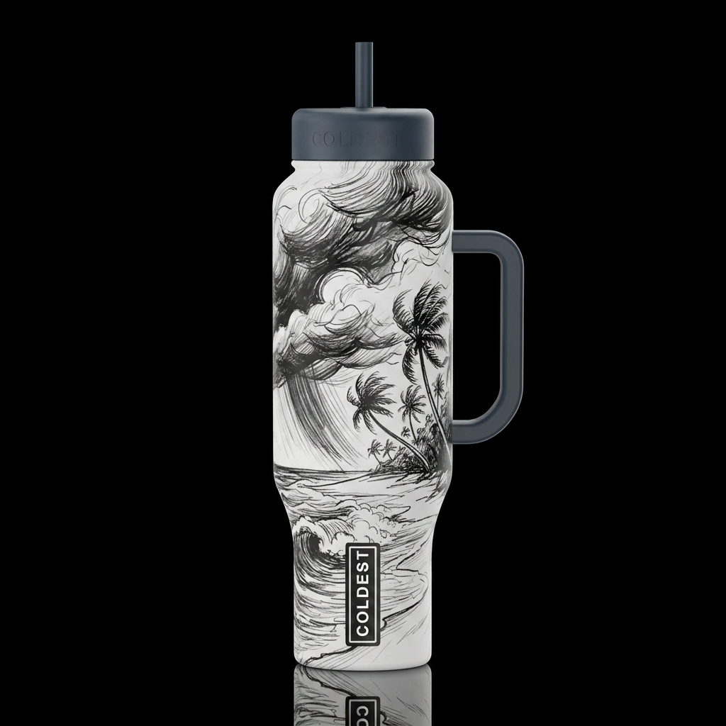 a, sketch of a tropical beach during a storm black... water bottle design