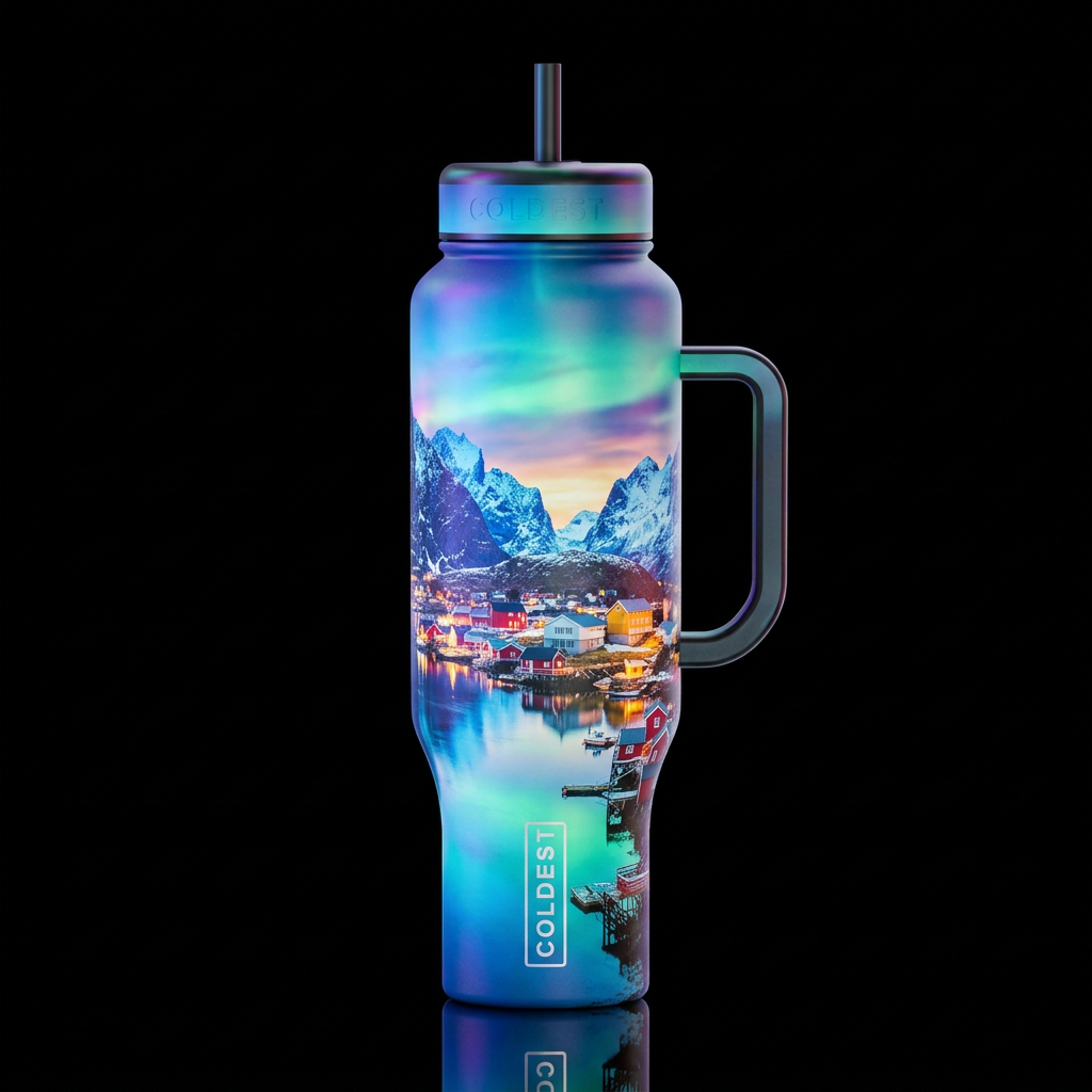 Norwegian Fjord village Nordic Lakeview scenery la... water bottle design