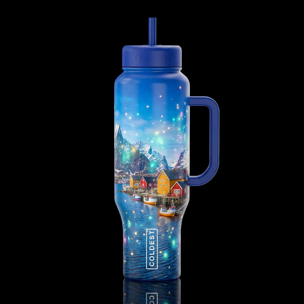 Norwegian Fjord village Nordic Lakeview scenery la... water bottle design