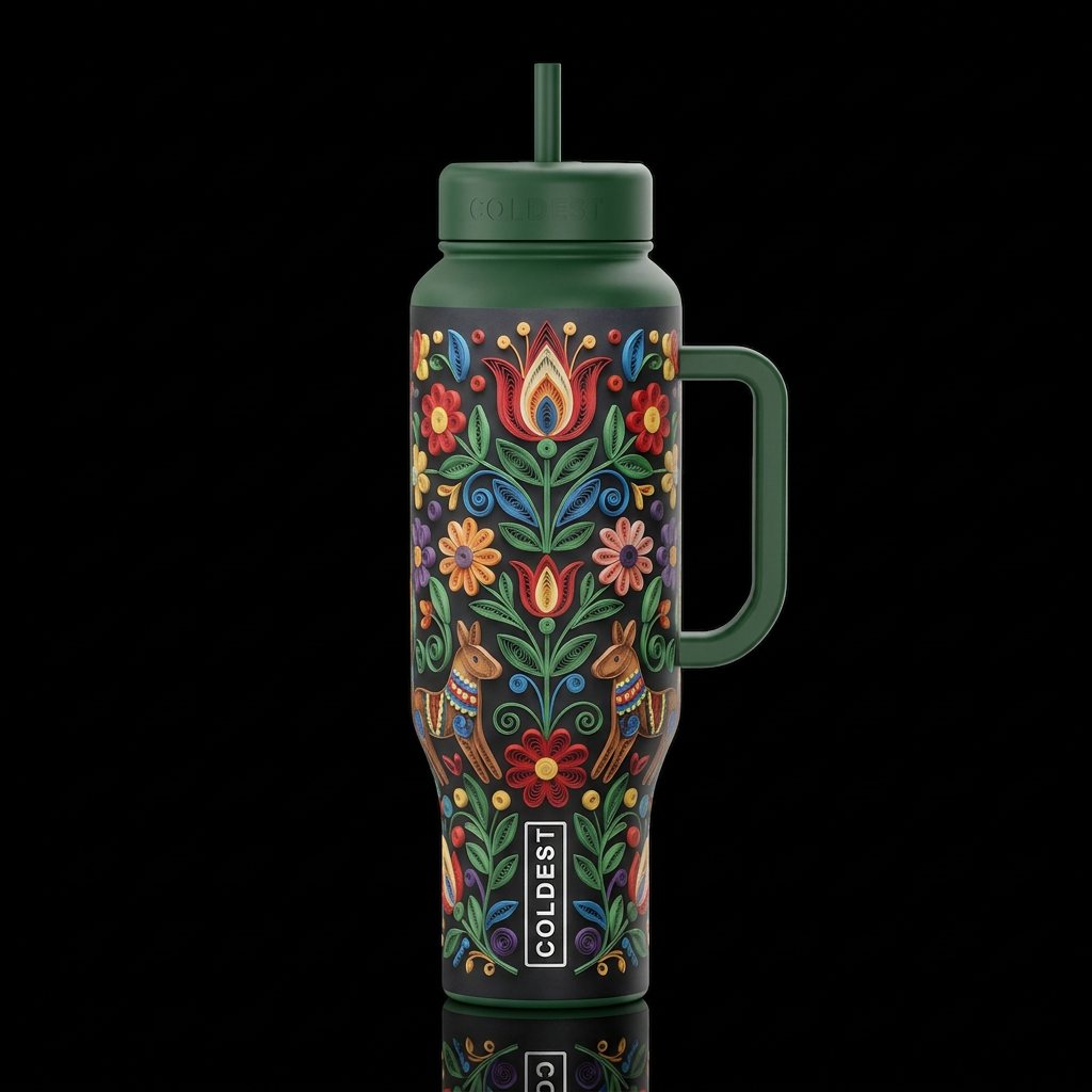 Quilled colorful Scandinavian folk art floral water bottle design
