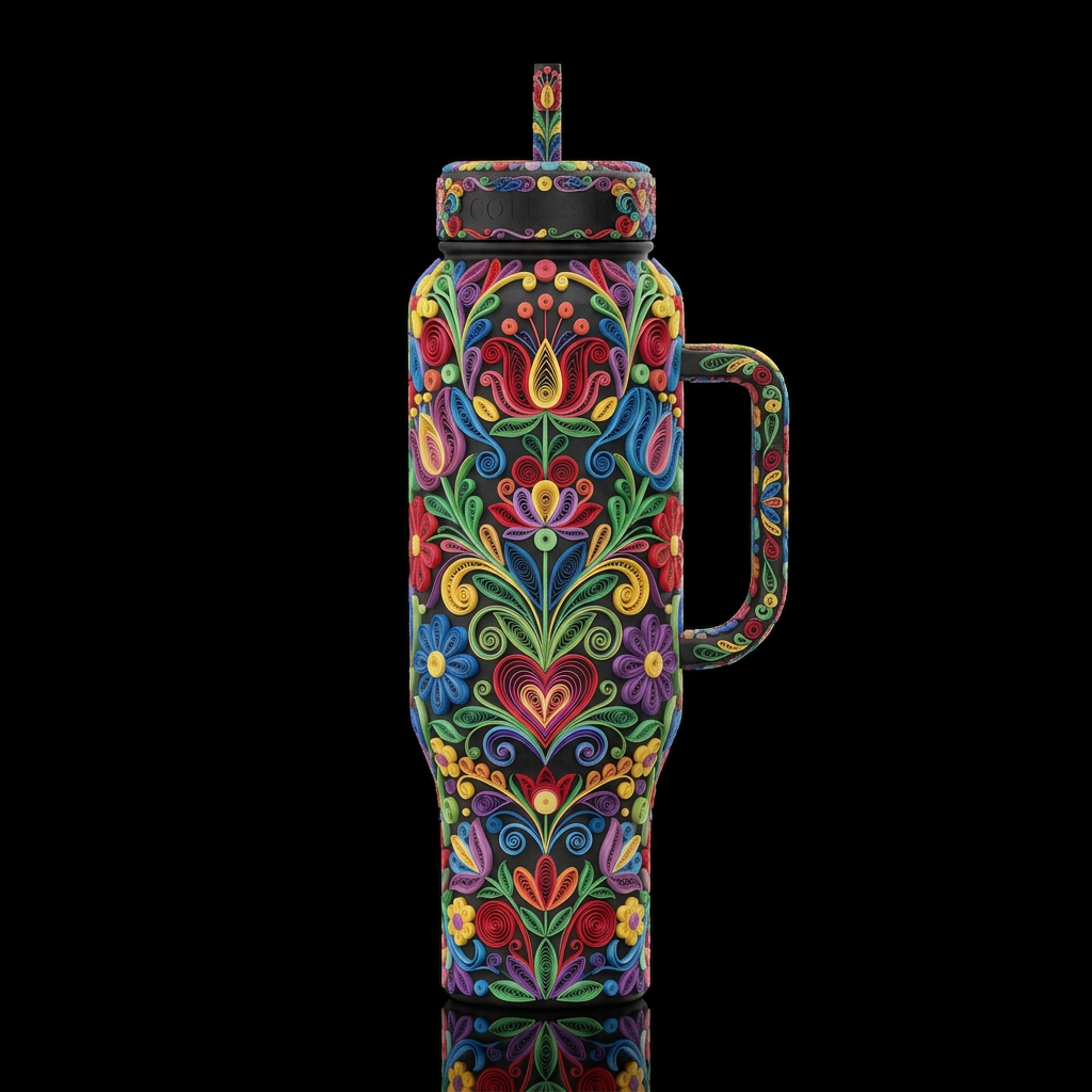Quilled colorful Scandinavian folk art floral water bottle design