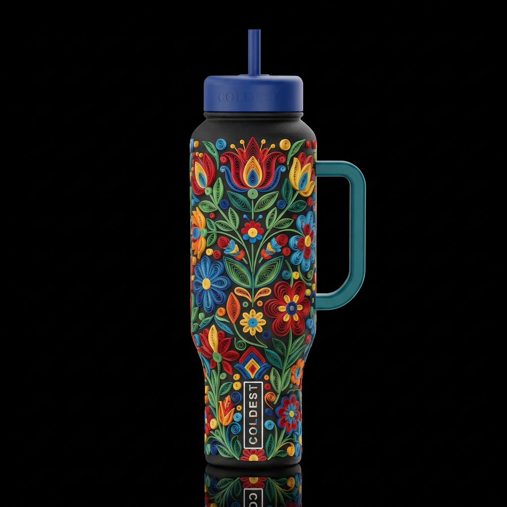 Quilled colorful Scandinavian folk art floral water bottle design