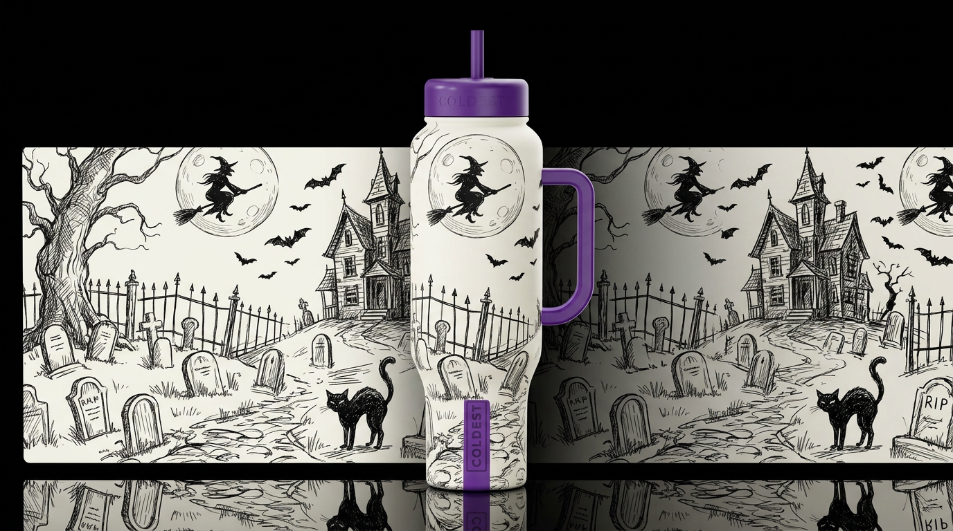 sketch, hand drawn Halloween ghosts cemetery haunt... water bottle design