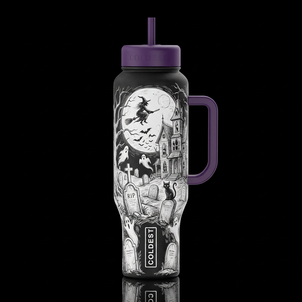 sketch, hand drawn Halloween ghosts cemetery haunt... water bottle design