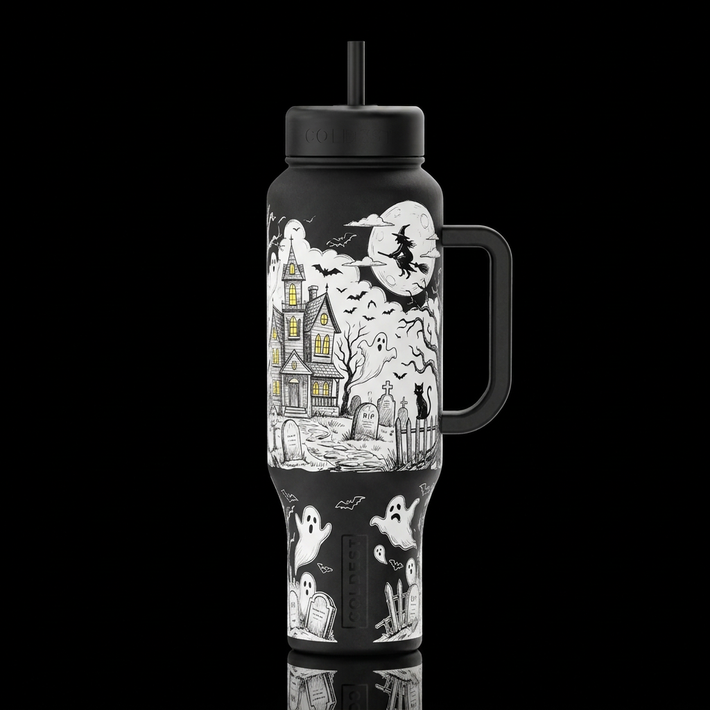 sketch, hand drawn Halloween ghosts cemetery haunt... water bottle design