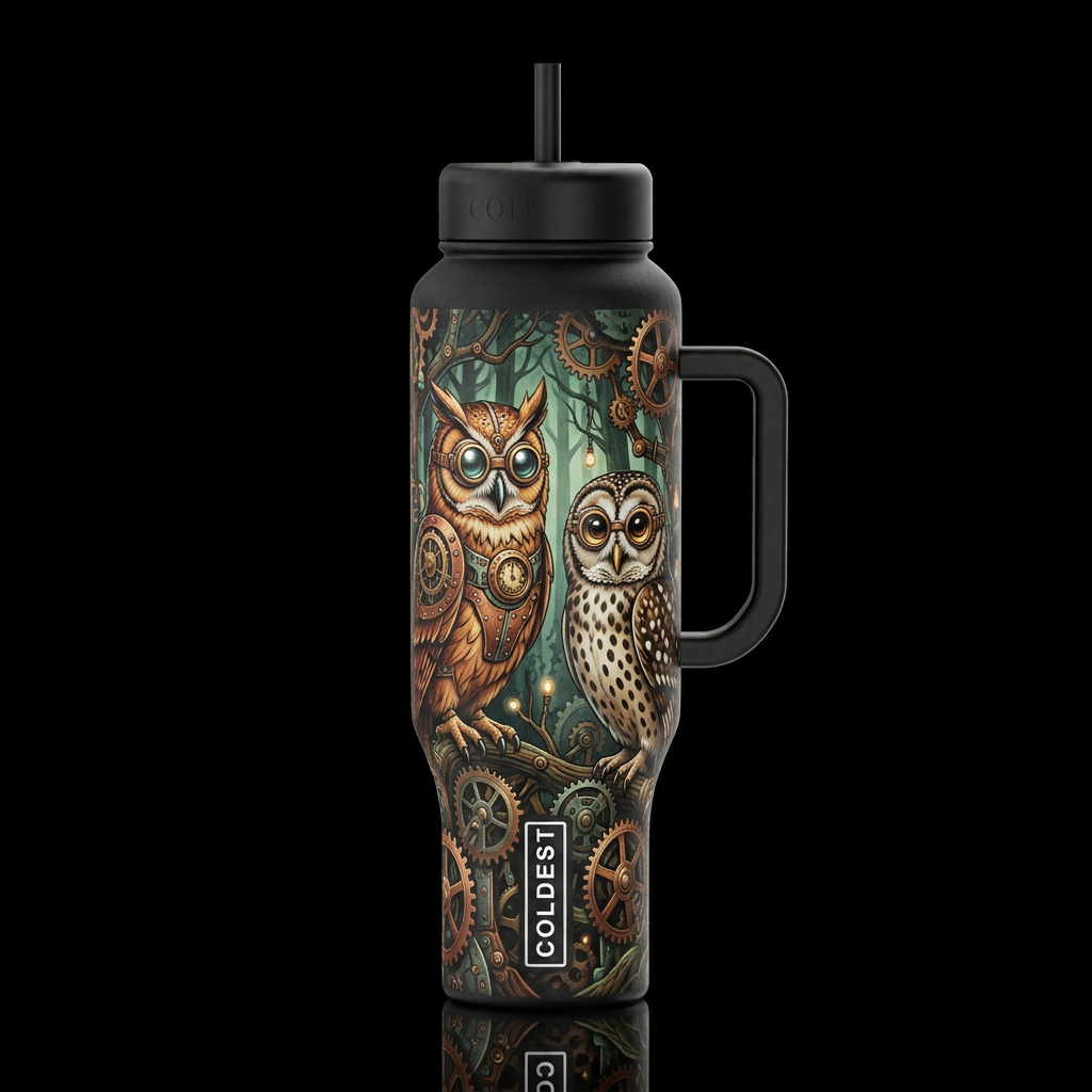 clockpunk steampunk spectacled owl tawny owl and a... water bottle design