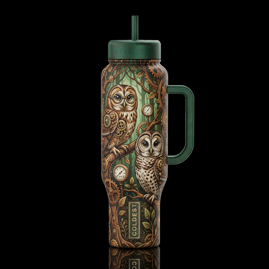 clockpunk steampunk spectacled owl tawny owl and a... water bottle design
