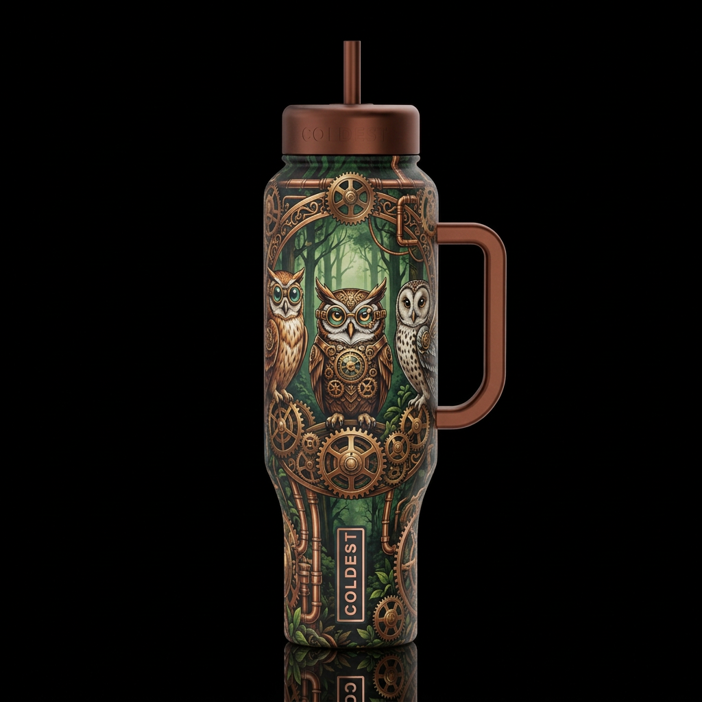 clockpunk steampunk spectacled owl tawny owl and a... water bottle design
