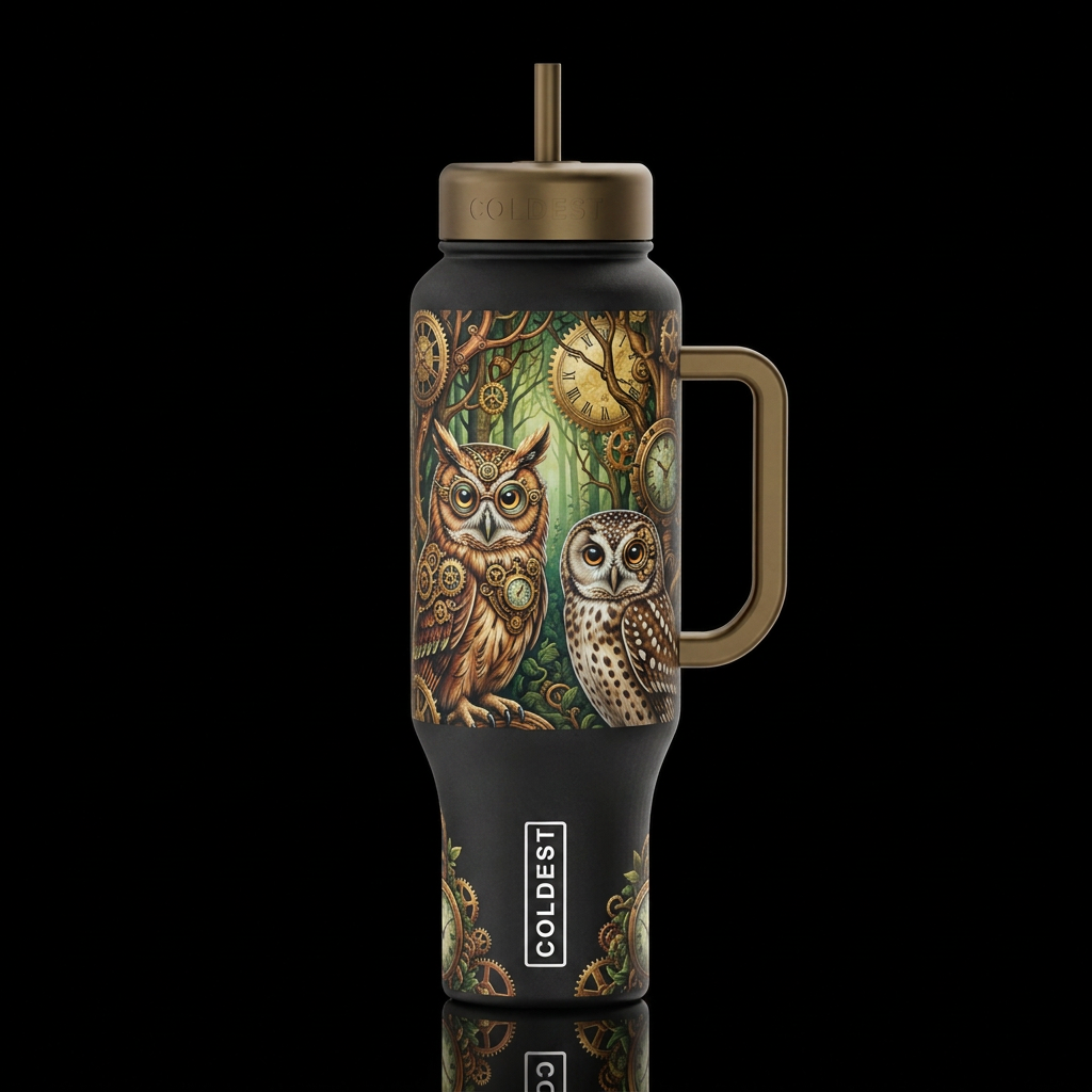clockpunk steampunk spectacled owl tawny owl and a... water bottle design