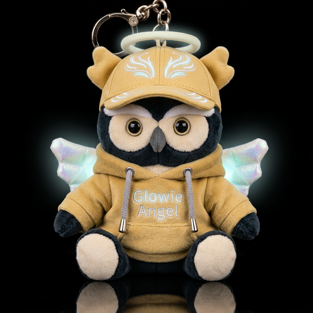 spectacled owl with glowie angel outfit and hat water bottle design