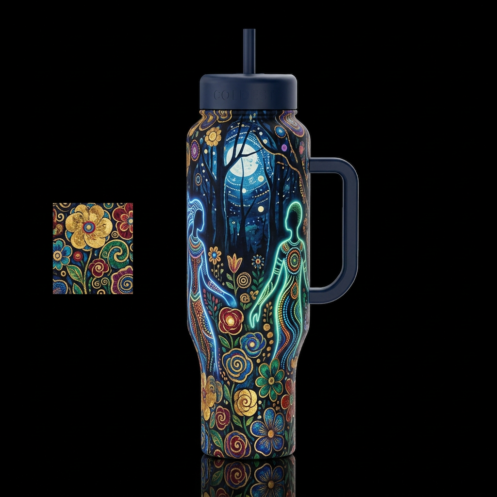 Gustav Klimt colorful moonlight floral forest dark... water bottle design