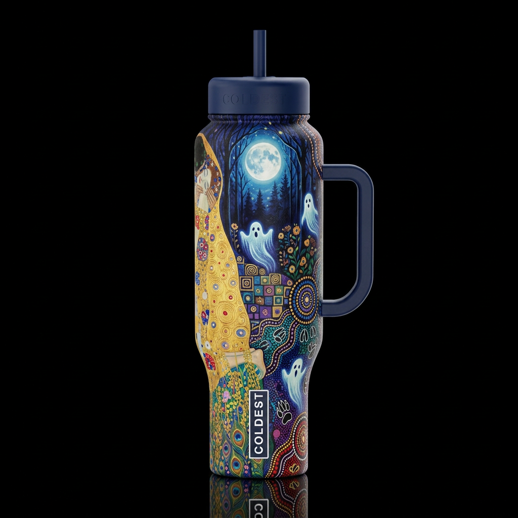 Gustav Klimt colorful moonlight floral forest dark... water bottle design