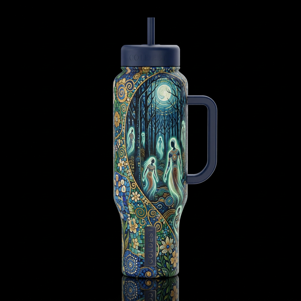 Gustav Klimt colorful moonlight floral forest dark... water bottle design