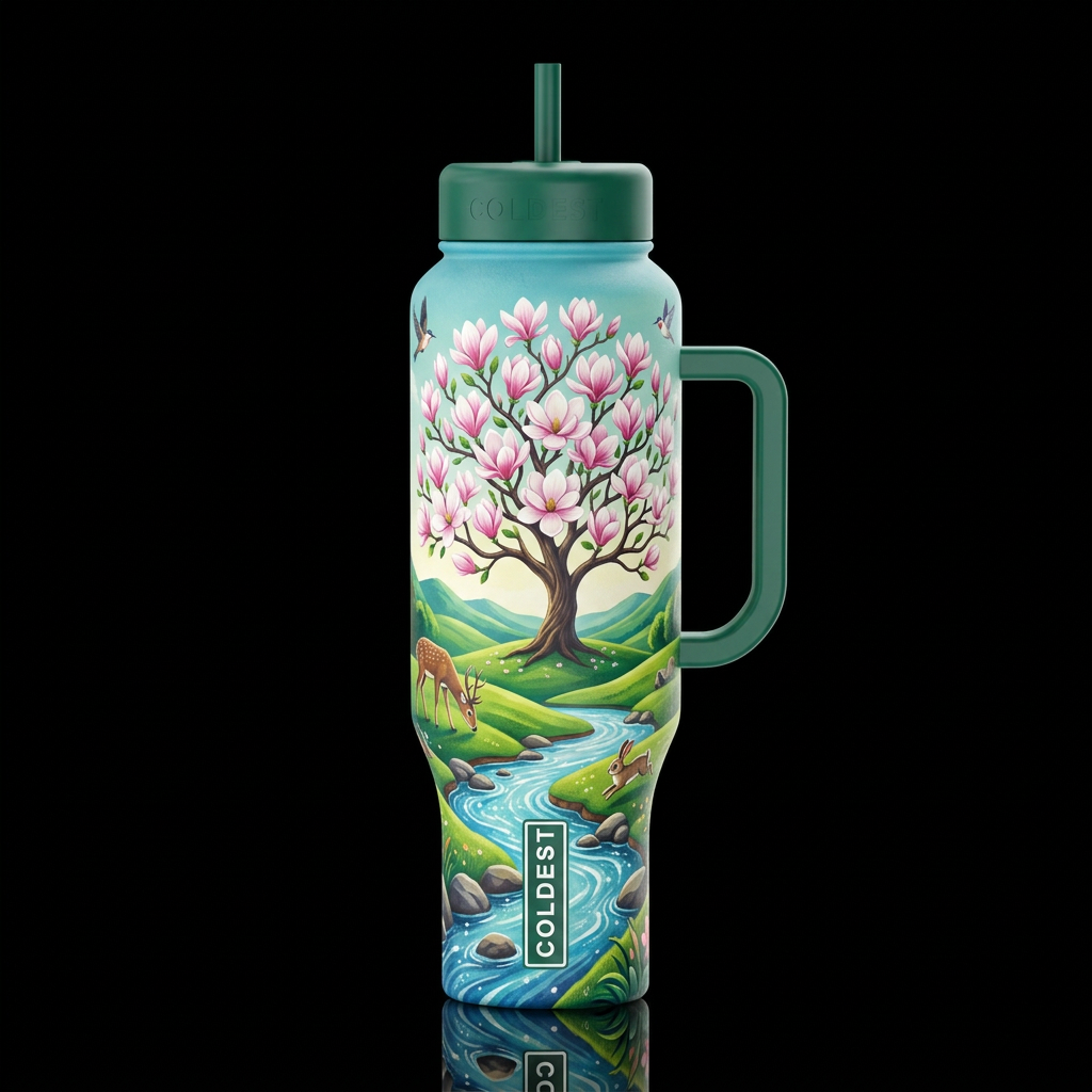 vibrant colors whimsical, majestic magnolia tree i... water bottle design