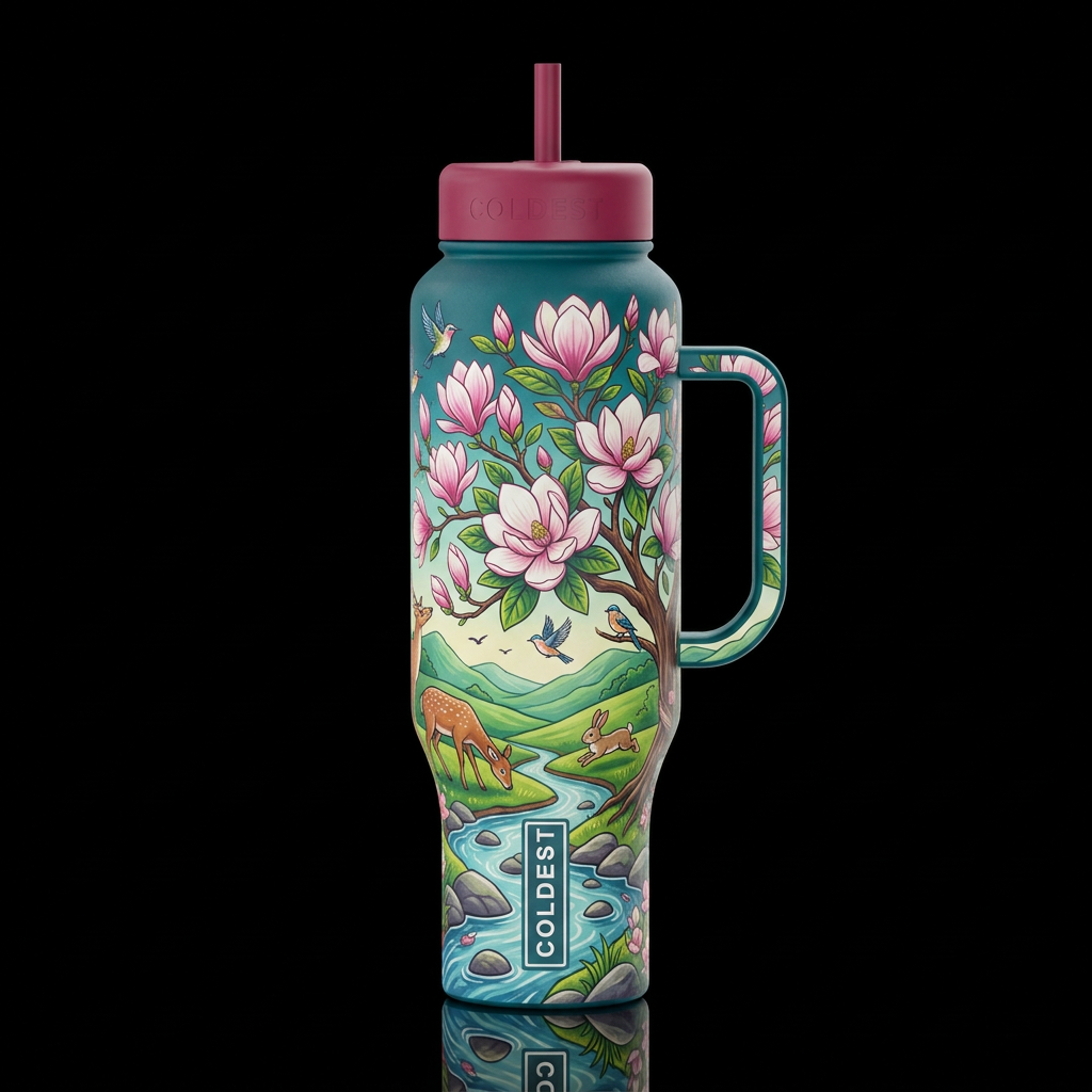 vibrant colors whimsical, majestic magnolia tree i... water bottle design